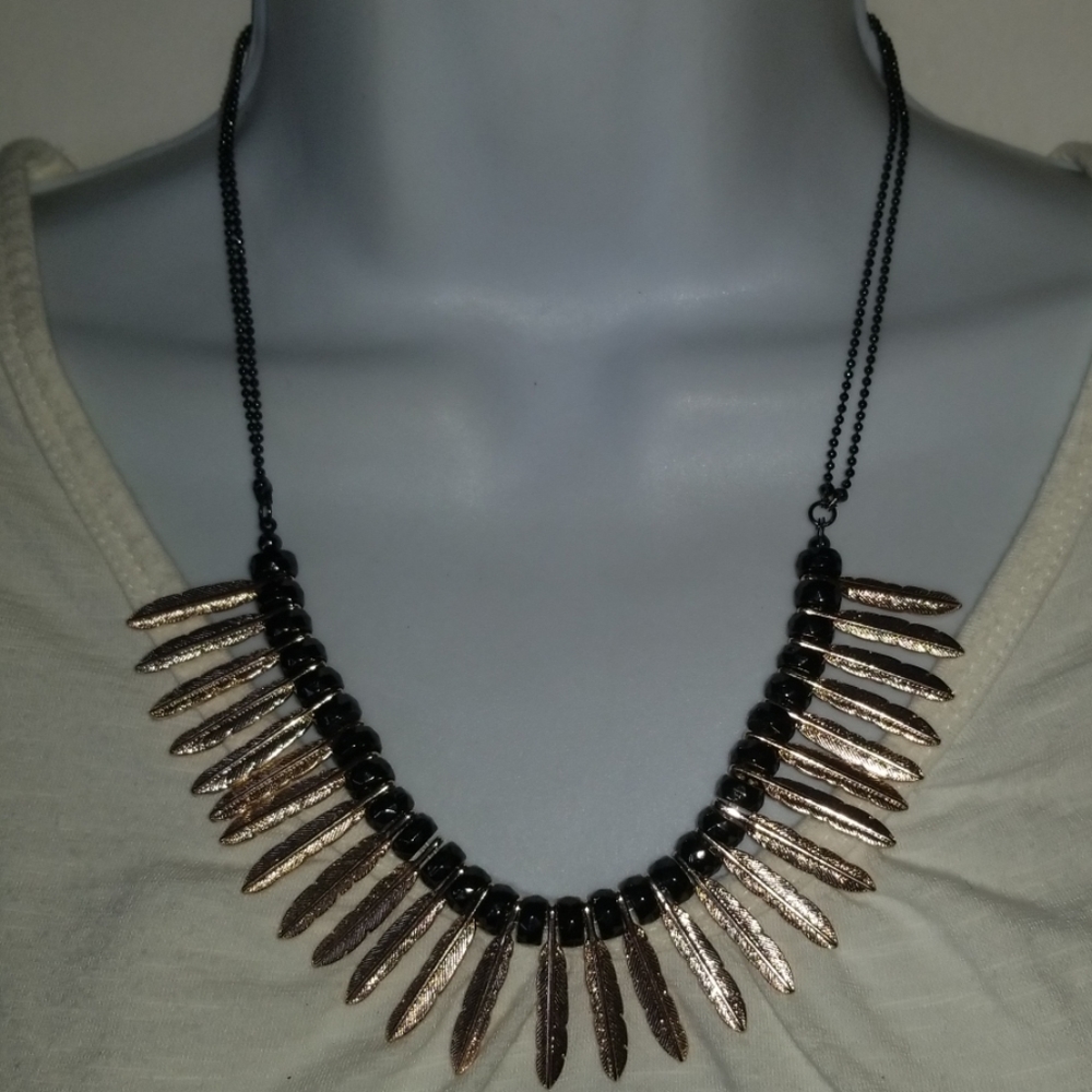 C Brand Necklace Gold Tone Feathers Black Beaded